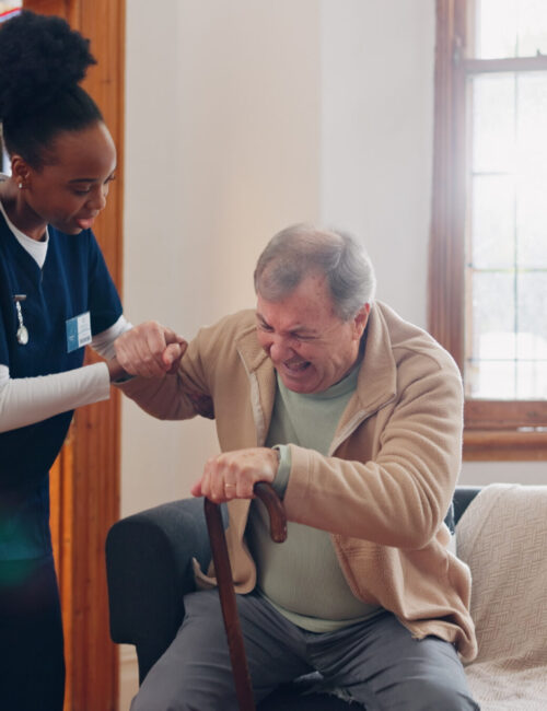 Old man, walking stick or nurse in nursing home to help in retirement for wellness or medical support. Parkinson, black woman or caregiver with an elderly person in physical therapy or rehabilitation.